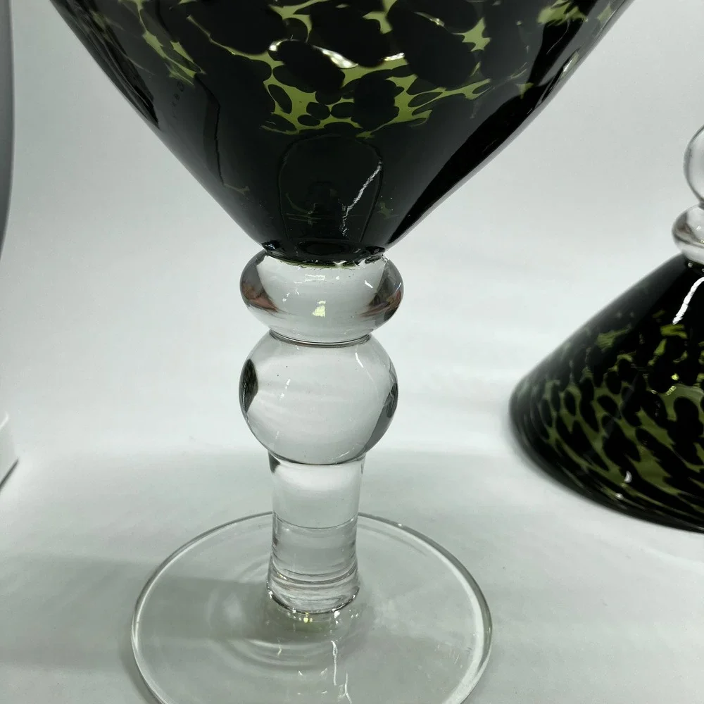 Pier 1 Hand Blown Martini Glasses Green Black Swirl Leopard Tortoise Set of 3